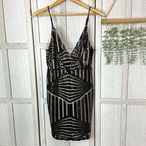 Hello Molly Sparkle Black Sequin Nude Stripe Mini Dress Art Deco Boho Size 10 L